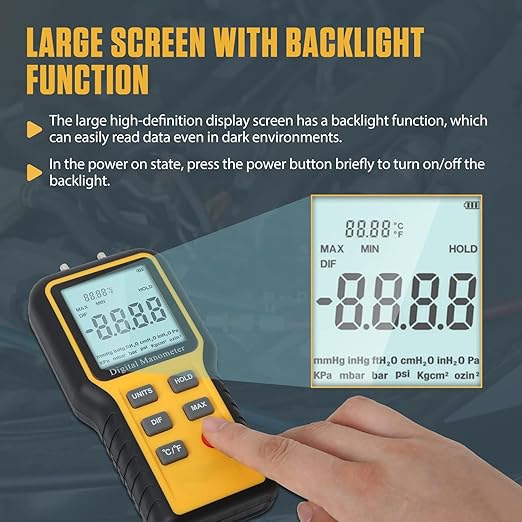 Manometer, Dual-Port HVAC Manometer with 12 Units Switch, Storage & Reminder Function, LP Gas Pressure Tester for Temperature and Pressure Testing, MMT2118563