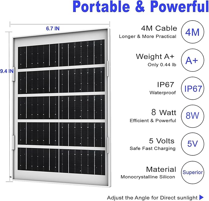 8W Solar Panel Charger for Outdoor Security Cameras, with Micro USB/USB-C and DC (35 x 135) Port, Fits Ring/Eufy/Wyze/Bird Feeder Camera, 13ft Cable, Fast Charging (2 Pack)