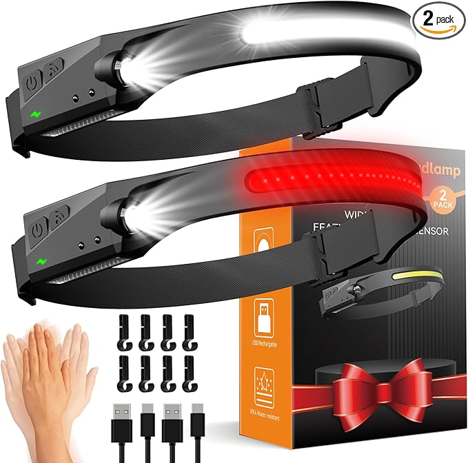 Headlamps Rechargeable with Red Light 2 Pack, Wide Beam Running LED Head Lamp for Adults, Headlights for Head with Motion Sensor, Hard Hat Light for Running, Camping, Hiking, Hunting, Fishing