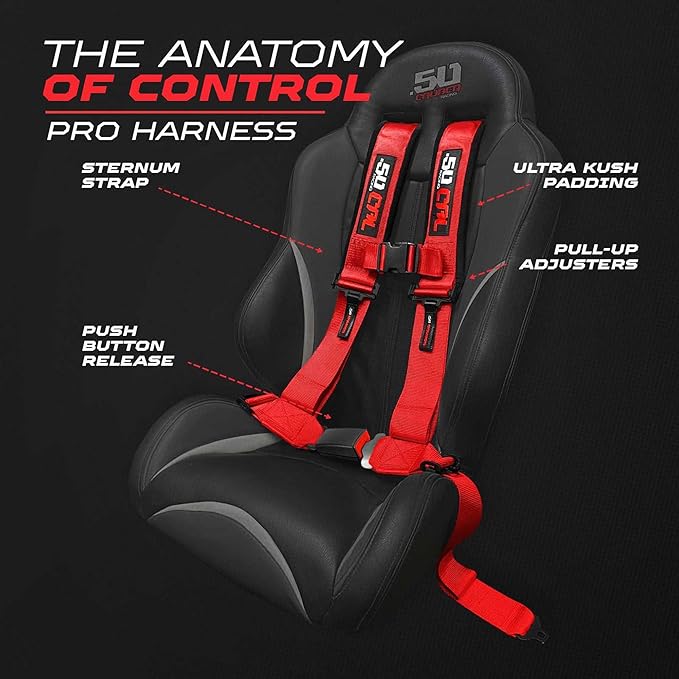1pc 4 Point Harness for Bucket Seat, Push Release, 10 Color Options, Racing Harness, Race Car, Off Road, UTV, RZR (Red, 2 inch)
