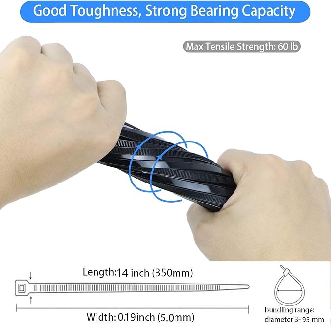 14 Inch Heavy Duty Cable Ties - 60lb Tensile Strength, Weather Resistant Outdoor Black Zip Ties (150 Pack)