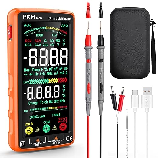FKM Pro Digital Multimeter Tester TRMS 6000 Counts,Smart Rechargeable Voltmeter 5"Color LCD,Auto-Ranging Automotive Multimeters,for AC/DC Current/Voltage,NCV,Ohm,Capacitance,Resistance,Continuity,Temp