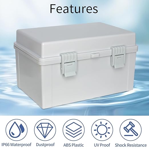 Waterproof Outdoor Junction Box ABS Plastic Electrical Box Wall Brackets Hinged Cover Electric Boximpact-Resistant for Garden, Garage, Solar, and Marine Applications (11.8"x7.8"x6.6")