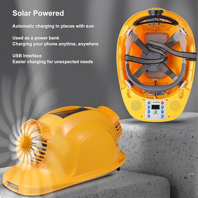 Solar Powered Hard Hat Ventilation Dual Fans and LED Light for Construction Safety | 5-Speed Cooling | ABS Safety Helmet