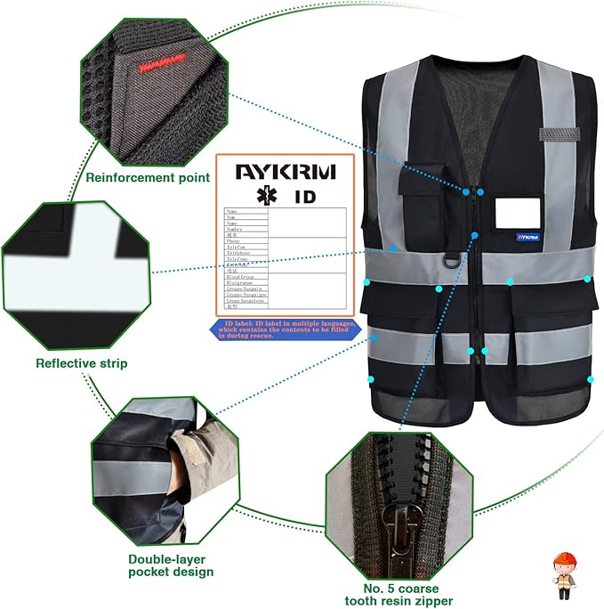 Reflective Security Safety Vests Heavy Duty with 7 Pockets and Front Zipper