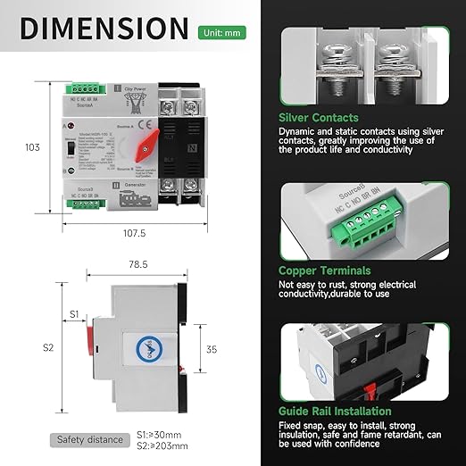 Mini ATS Automatic/Manual Transfer Switch 2P 125A AC110V, 2POLE 125amps ATS Dual Power Transfer Switch for Home Generator,Din Rail Mounted 110V Manual Transfer Switch Fast Transfer