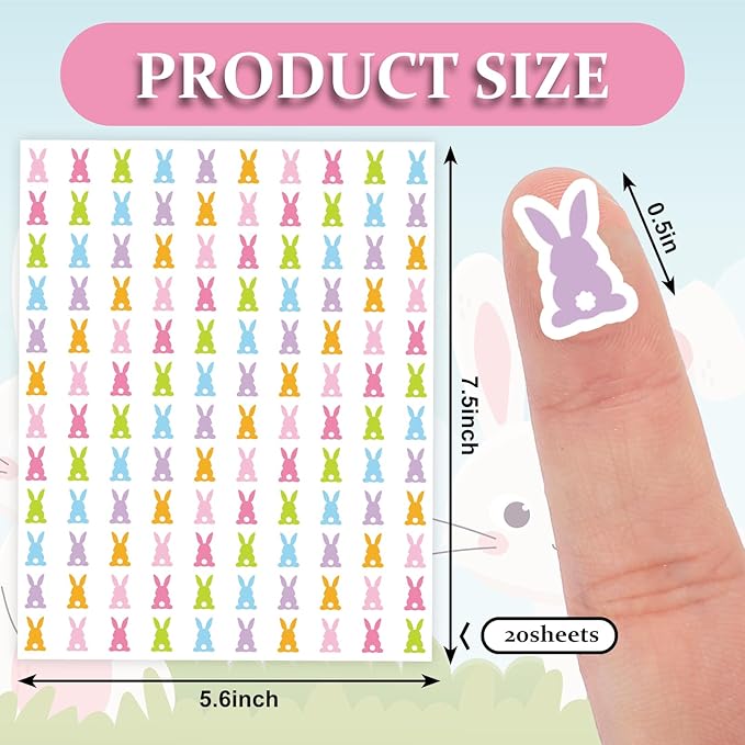 JarThenaAMCS 2400 Pcs Easter Mini Sticker Pastel Bunny Paper Decal Colorful Rabbit Self-Adhesive Sticker for Planner Reward Envelope Scrapbook DIY Supplies, 0.5 in