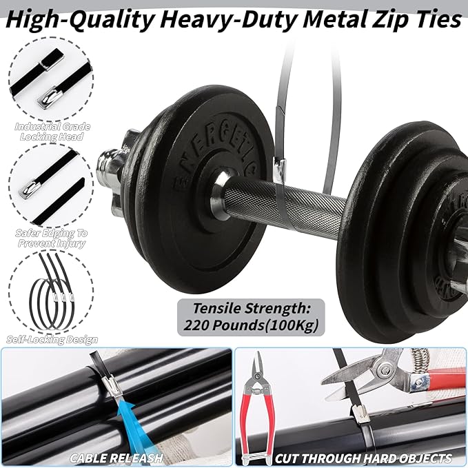 300PCS Metal Zip Ties Gun Kit, 12 Inch Heavy Duty Metal Zip Ties, Multi-Purpose Self-Locking Cable Tie Tool Set for Vehicles Farms Plants Fences Pipe Bundling, Scissors