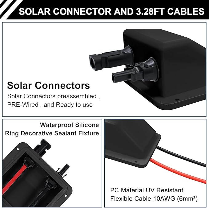 Solar Cable Entry Gland with 10AWG 3.28Ft Solar Extension Cable, UV Resistance, Waterproof Solar Junction Box for RV, Boat, Campe, Van(Black)
