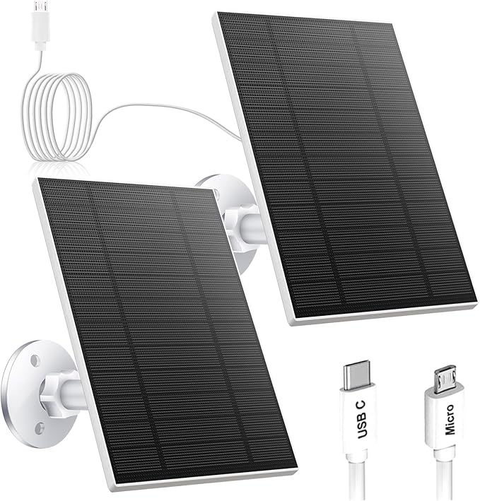 5W Solar Panel for Security Camera, Solar Panel with Micro USB & USB-C Port for DC 5V Outdoor Rechargeable Battery Camera, IP65 Waterproof, 360° Adjustable Security Mount, 9.8ft Cable(White 2PC)