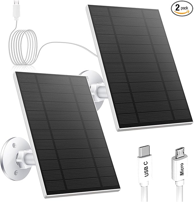 5W Solar Panel for Security Camera, Solar Panel with Micro USB & USB-C Port for DC 5V Outdoor Rechargeable Battery Camera, IP65 Waterproof, 360° Adjustable Security Mount, 9.8ft Cable(White 2PC)