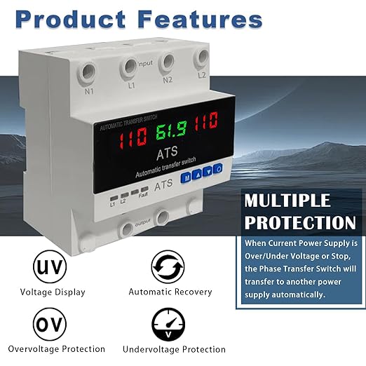 2P Automatic Transfer Switch with LCD Display, 63A 110V Double Power ATS with 3 Digital Displays for Input Real-Time Volrage/Current Monitoring, Automatic Changeover for Utility/Generator/Solar