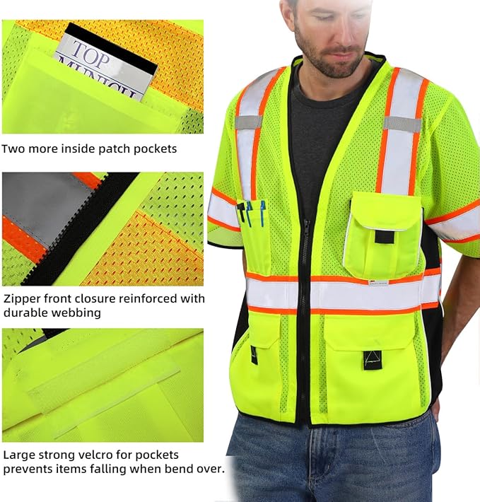 Dib Safety Reflective Mesh Vest ANSI Class 3, High Visibility with Pockets and Zipper, Made with 3M Reflective Tape, Yellow L