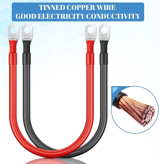 Hoteam 6 Pcs Battery Cable Copper Battery Inverter Cables with Terminals 3/8 Inch Lugs Red and Black Both Ends Power Inverter Wire for Solar Motorcycle Automotive RV Car Boat Marine(2awg,1ft)