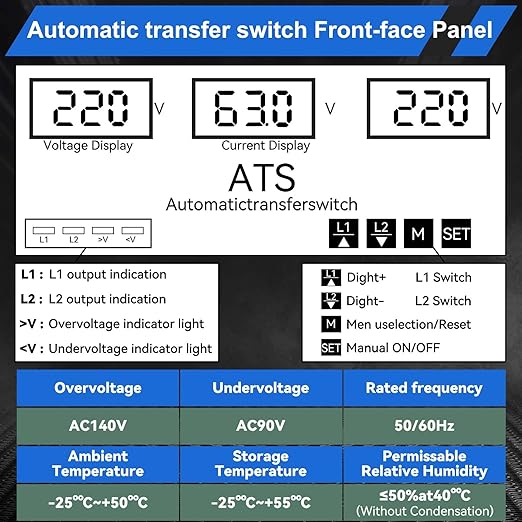 63A 220V Automatic Transfer Switch, 2P Dual Power Select Interruptor Electrical Changeover Switch with LED Display, Mini ATS Din Rail Mount, 50/60Hz CE Certified for Home Backup Power
