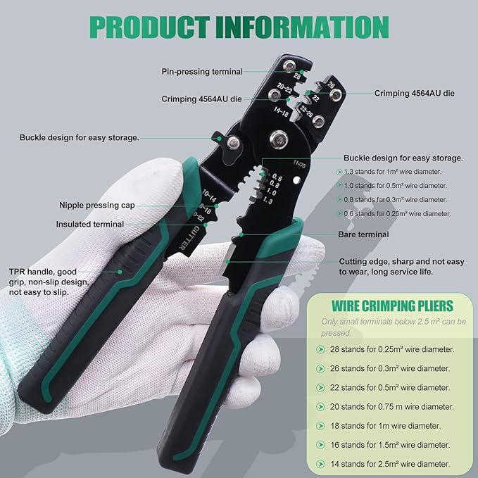 Twidec/Wire Crimper Tool With Stripper Cutter,Multifunctional Crimping Pliers Terminal Pliers For Insulated Electrical Connectors(22-10 AWG) N-060