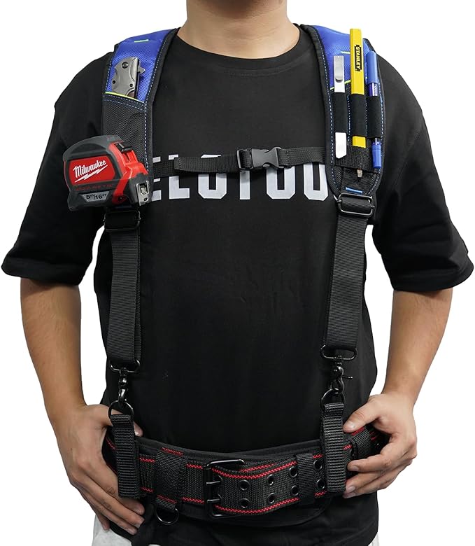 KUNN 3 Point Padded Tool Belt Suspenders for Men,Heavy Duty Construction Suspenders with Tool Belt Loops,Blue