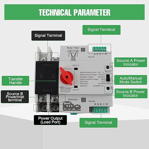 2P 100A 110V Dual Power Automatic Transfer Switch Generator Changeover Switch Tools Dual Power Transfer Switch Din Rail Type 50HZ/60HZ