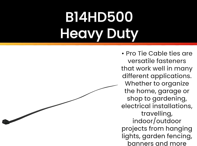 Pro Tie Heavy Duty Cable Ties, Self-Locking Nylon Cable Wire Ties for Indoor and Outdoor Use | 14.5-Inch, 120 lbs. Tensile Strength, UV Black Nylon, 500-Pack (PN: B14HD500)