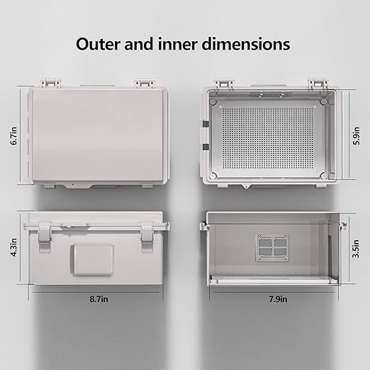 ABS Electrical Junction Box, Ventilated Design, Cable Grommets, IP65 Waterproof Enclosure, Indoor/Outdoor Use with Mounting Panel. (Grey Cover, 8.7"x6.7"x4.3")