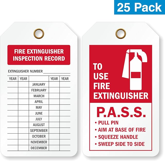 SmartSign 2 Sided Fire Extinguisher Inspection Record Tag for Indoor and Outdoor| 3.375" x 5.875" 30 mil Thick Plastic, Pack of 25 Red and White, Made in USA