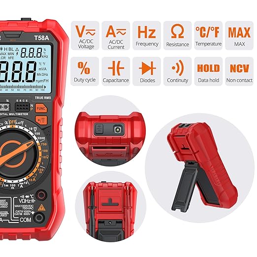Proster Digital Multimeter TRMS Manual Range Multimeter 9999 Counts NCV Detector DC AC Voltage Current Meter Temperature Capacitance Resistance Diode Continuity HFE Tester LOZ