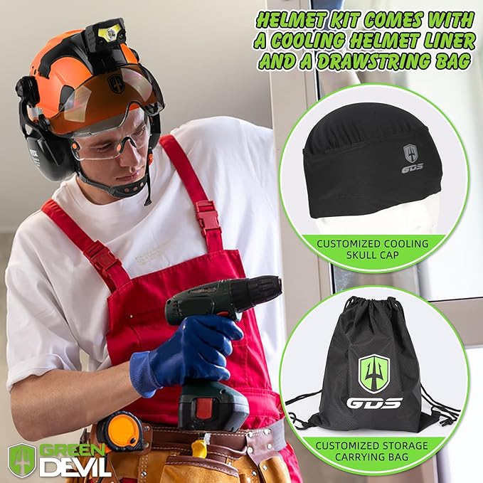 GREEN DEVIL Hard Hat Safety Helmet with Rechargeable Headlamp Light and Visor Ear Muffs Vented Work Hardhat ANSI Z89.1 Cascos De Construccion for Industrial Construction Forestry