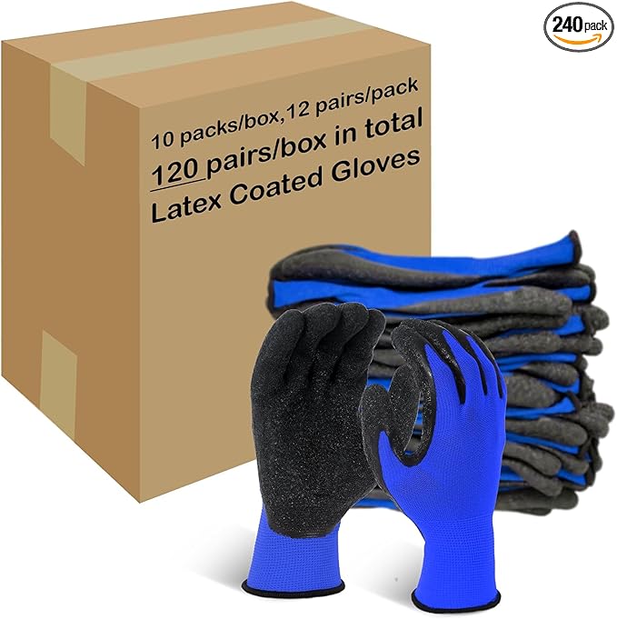 Evridwear Crinkle Latex Rubber Hand Coated Safety Work Gloves for Men Women General Multi Use Construction Warehouse Gardening Assembly Landscaping,Large Blue 120 Pairs Pack