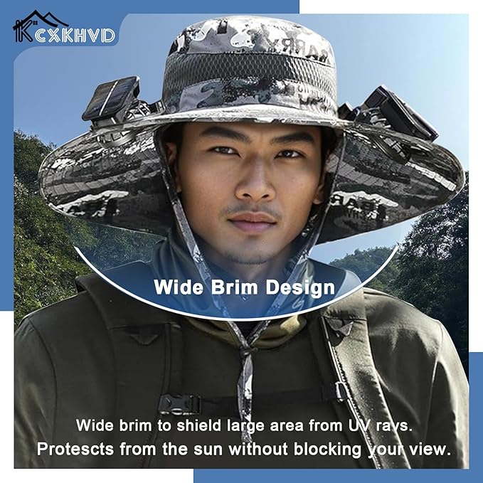 Wide Brim Solar Fan Hat, Fishing Hat with Fan for Men Removable & USB Charging Fan, Waterproof Outdoor Hiking Camping Fishing Hat Grey
