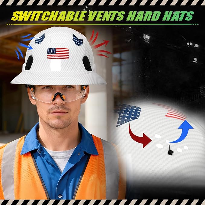 Carbon Fiber Pattern Full Brim Hard Hat with Visor-OSHA Approved Construction Safety Helmet for Men Women,ANSI Z89.1 Vented Reflective Hardhat with Hard Hat Chin Strap,6-Point Suspension