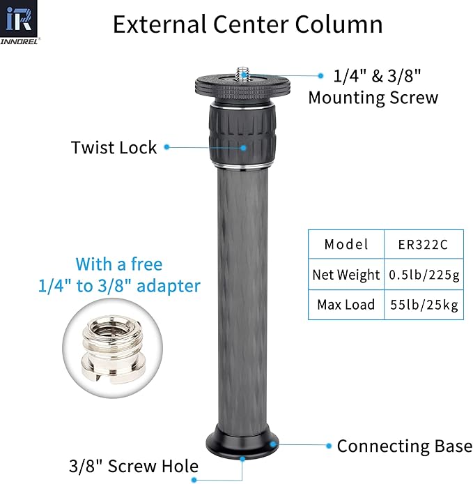 INNOREL ER322C Universal Carbon Fiber Tripod Center Column Extension Pole - 10 Layers, 32.5mm Tube, 55lbs Max Load, Black, Compatible with DSLR Camera, Tripod & Monopod