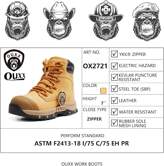 OUXX Work Boots for Men, Side Zipper Steel Toe Shoes, Water-Resistant, Non-Slip, Puncture-Proof(OX2720)