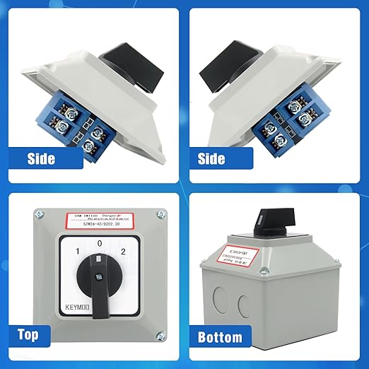 40A Rotary Changeover Switch with Box, 660V 3 Position 2 Phase 8 Terminals, 2-Way 2NO 2NC Universal Selector Switch with Yellow Fork Terminals IP65 CE 26-40/D202.2D