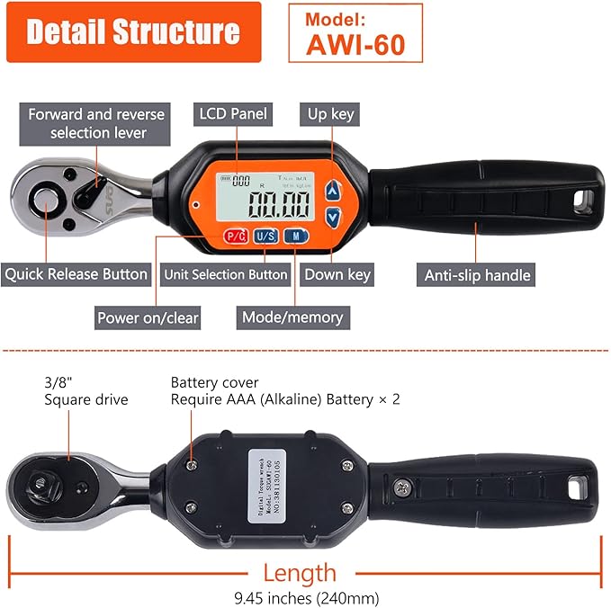SUG Mini Digital Torque Wrench (3/8-Inch, 1.33-44.25 ft-lbs/1.8-60 Nm)