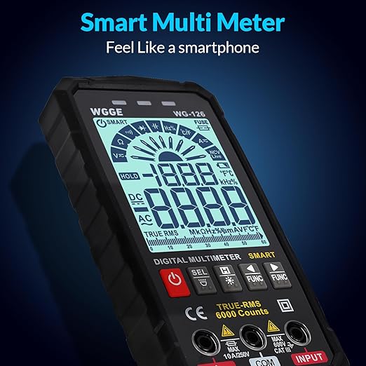 WGGE Digital Multimeter Voltmeter Smart Electrical Tester Measures Voltage Current Resistance Continuity Duty-Cycle Capacitance Temperature Frequency Auto Ranging 6000 Counts TRMS
