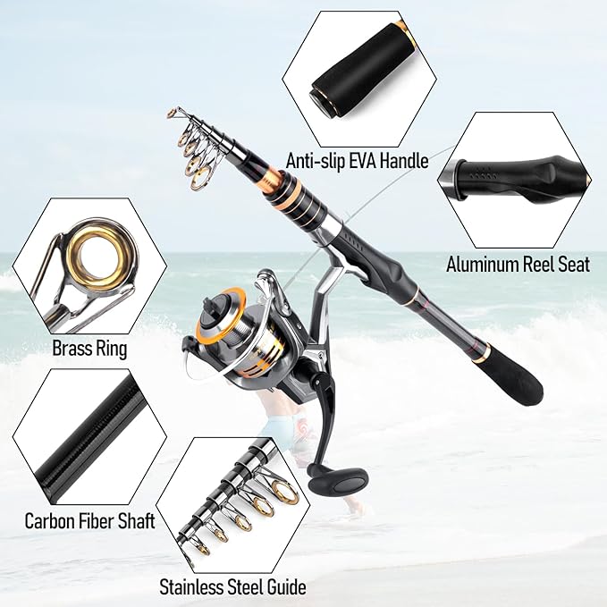 Dr.Fish Rod and Reel Combo 6-9.8ft Spinning Pole 3000 Spinning Reel Bass Fishing Lure Kit Telescopic Travel Collapsible Fishing Gear Equipment Set Adult
