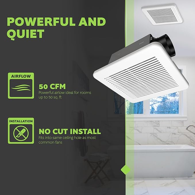 Homewerks 7114-02-HW DC Bathroom Fan 50-CFM 1.0 Sone White Ventilation Fan, Energy Star-Qualified with 3-inch Duct for 2x4 Construction