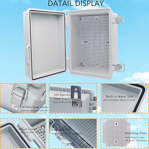 IP67Junction Box, ABS Plastic Outdoor Waterproof Box Electrical Enclosure with Stainless Steel Latch, Hinged Cover Electric Box with Mounting Plate 8.3"x6.3"x3.9"