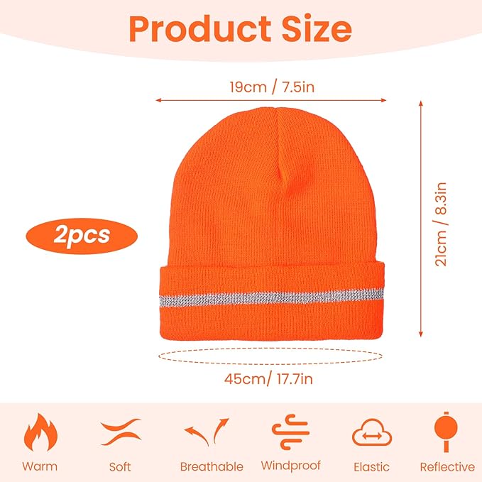2Pcs Reflective Orange Beanie Unisex, Reflective Winter Hat for Work Running, Safety Beanies Hats Men, Warm and Cozy Knit Cap Headwear