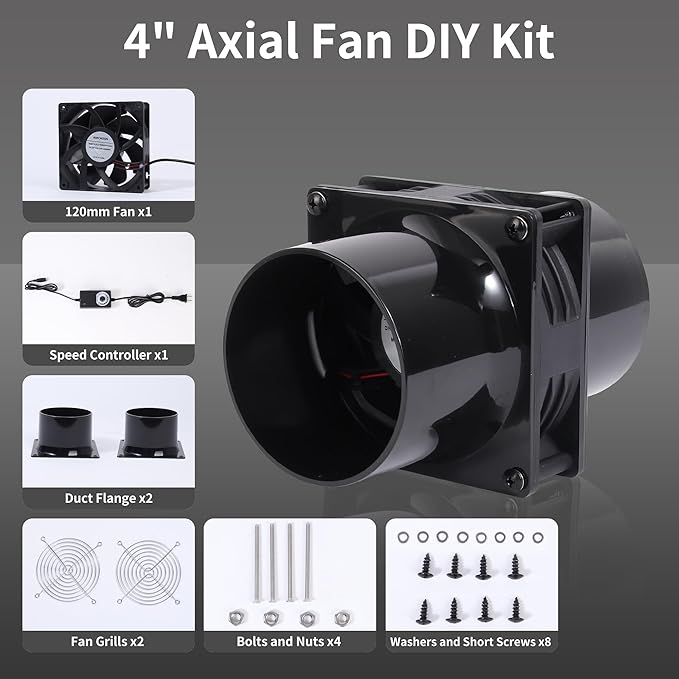 120mm 12V Exhaust Duct Fan Kit with Dual 4" Flange Adapters Stepless Speed Controller High-CFM for 3D Printer Laser Engraver Soldering Fume Extractor Grow Tent and DIY Ventilation Projects