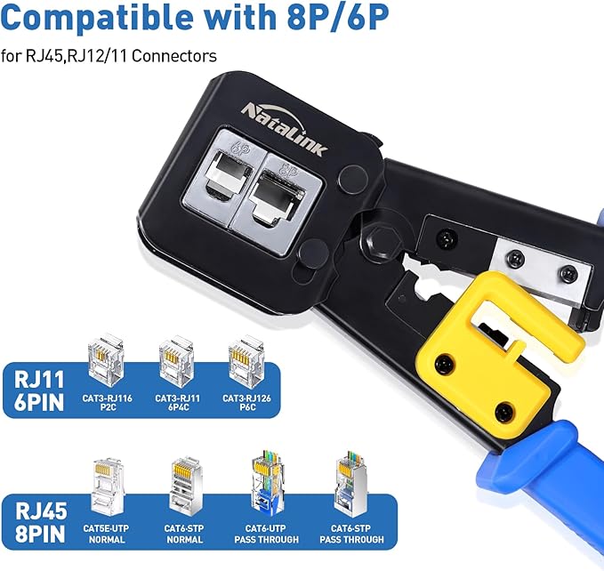 Pass Through RJ45 Crimp Tool Cat 6 Cat 5E Cat 5 Ethernet Crimper All-in-One RJ45 Crimping Tool with 30 Pcs Cat6 RJ45 Pass Thru Connector and Replacement Blade