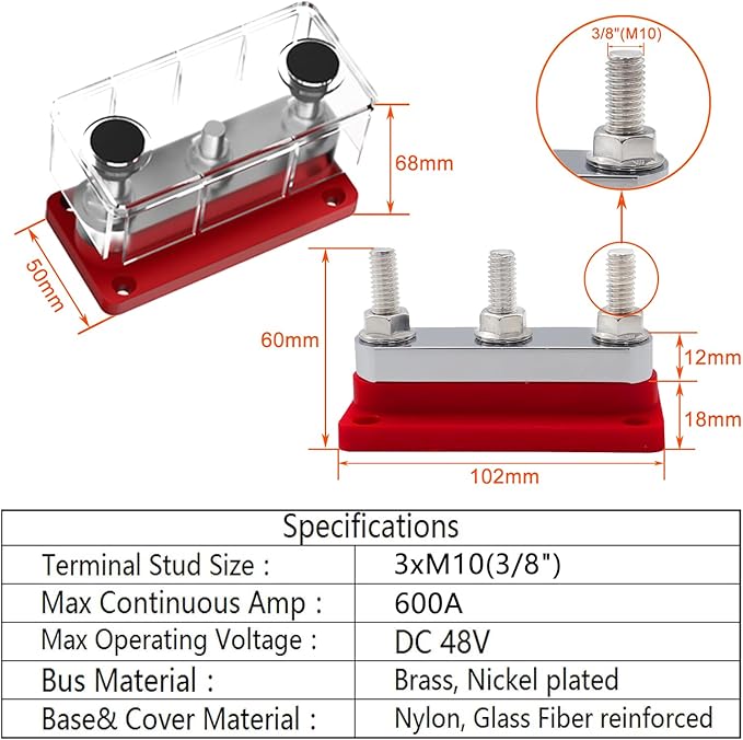 600A Power Distribution Block Bus Bar with Cover Marine Bus Bar, Automotive, and Solar Wiring 3x3/8 M10 Studs Red