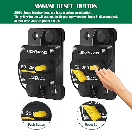 LENKRAD 250amp Marine Circuit Breaker Resettable 250A with Manual Reset Switch Button for Boat Trolling RV Yacht, 12V - 48V DC, Waterproof, Surface Mount(250 Amp Boat Circuit Breaker)
