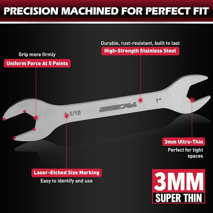 9-Piece Super Thin Open-End Wrench Set, SAE 1/4"-1-1/16", 3mm Thickness Slim Wrench Set for Tight Spaces, Nickel Plated Flat Wrenches with Rolling Storage Pouch