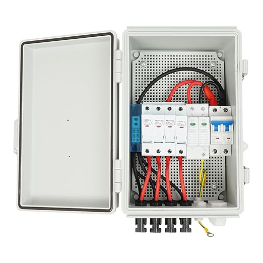 4 String Solar Combiner Box PV Combiner Box with 10A Rated Current Fuse, Surge Protective Device and 63A Air Circuit Breaker for On/Off Grid Solar Panel System (4 String)