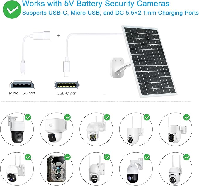 FUTUREZEN 13W Solar Panel for Security Cameras & Trail Cameras, USB-C, Micro USB & 5.5x2.1mm DC Output, IP66 Waterproof, 360° Adjustable Mount, 7.2FT Cable, 2 Pack