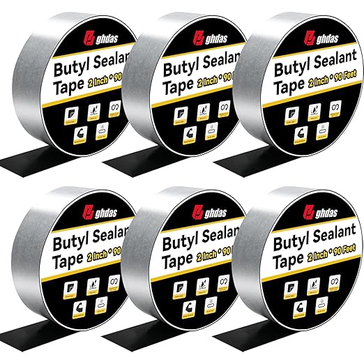 6 Pack Butyl Sealant Tape 2" X 90' - Double Sided - Black Vapor Barrier Butyl Tape for Wall of Crawl Space, Rv Windows, Deck Boat, Crawlspace (Waterproof, Weatherproof)