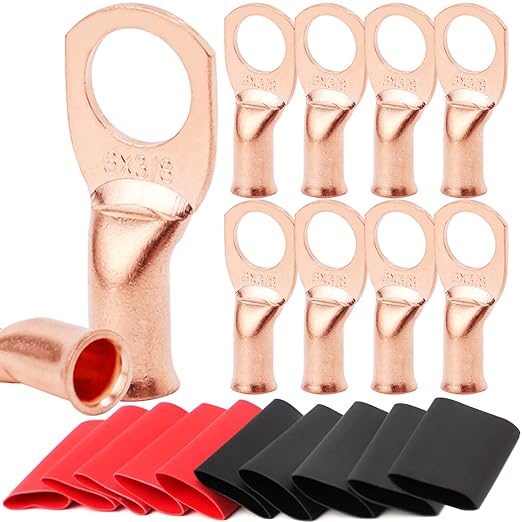 TKDMR 10pcs 6 AWG-3/8 Battery Lugs,Heavy Duty Wire Lugs,Ring Terminals,Battery Cable Ends,0 Guage terminals,Battery Terminal Connectors with 10pcs 3:1 Heat Shrink Tubing