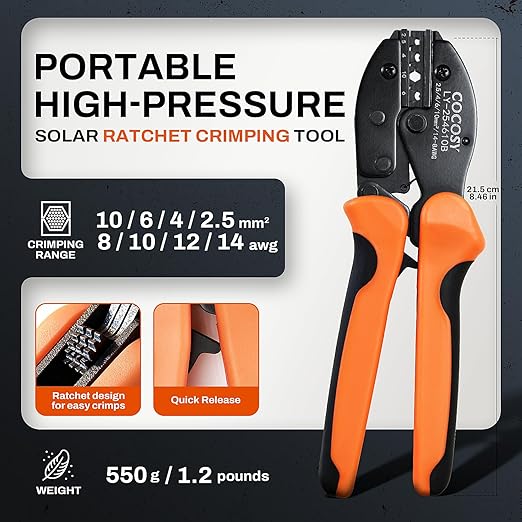 Solar Crimper Tool Kit for AWG8-12 Cable -23 PCS Solar Panel Connectors Kit with Ratcheting Crimping Tool Pliers, 12 Pairs of AWG8-14 Solar Connectors, 2 Wrenches, Bag