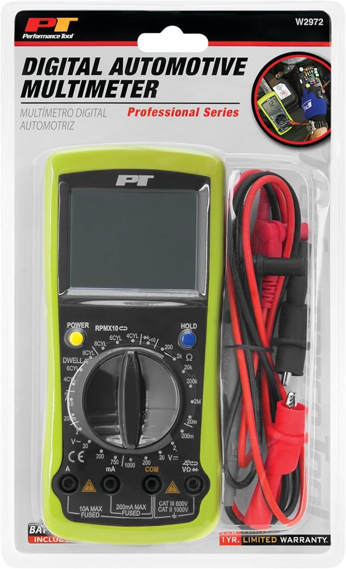 Performance Tool W2972 Automotive Digital Multimeter with Large LCD Display and UL Listed Probes for Standard Electrical Testing on Cars and Benches